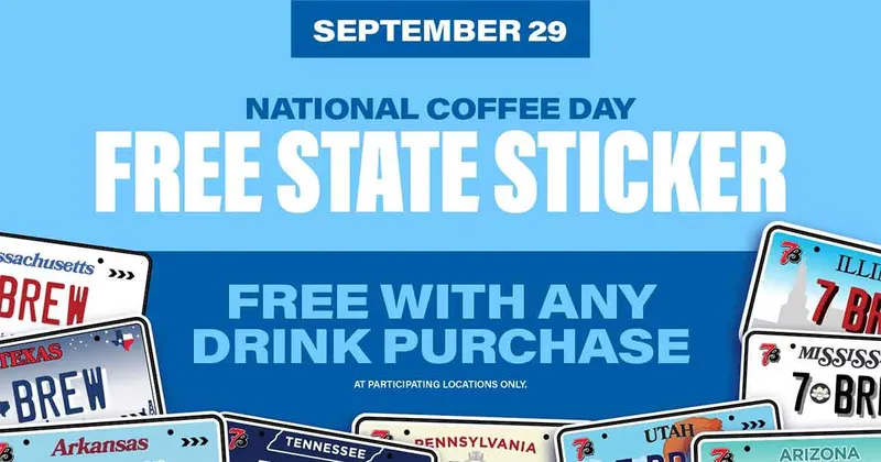 7 Brew National Coffee Day 2026: Free State License Plate Sticker With Any Drink