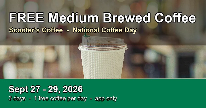 Scooter's Coffee FREE Medium Brewed Coffee (Sept 27–29): App-Only National Coffee Day Deal