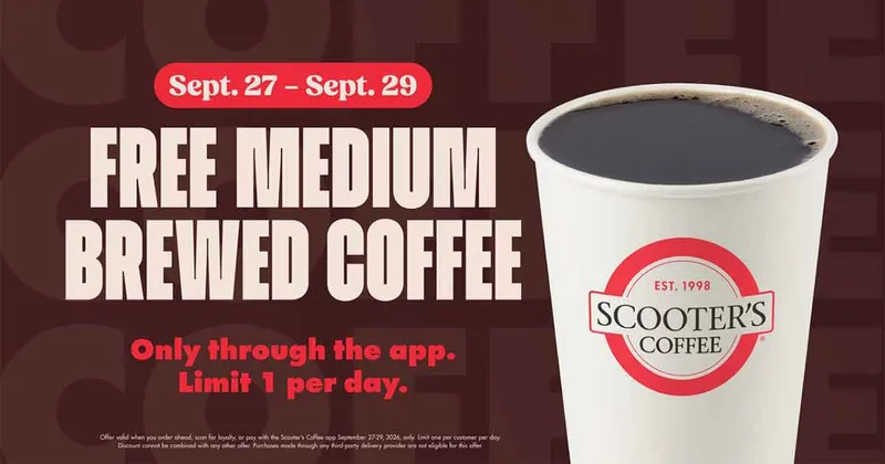 Scooter's Coffee FREE Medium Brewed Coffee (Sept 27–29): App-Only National Coffee Day Deal