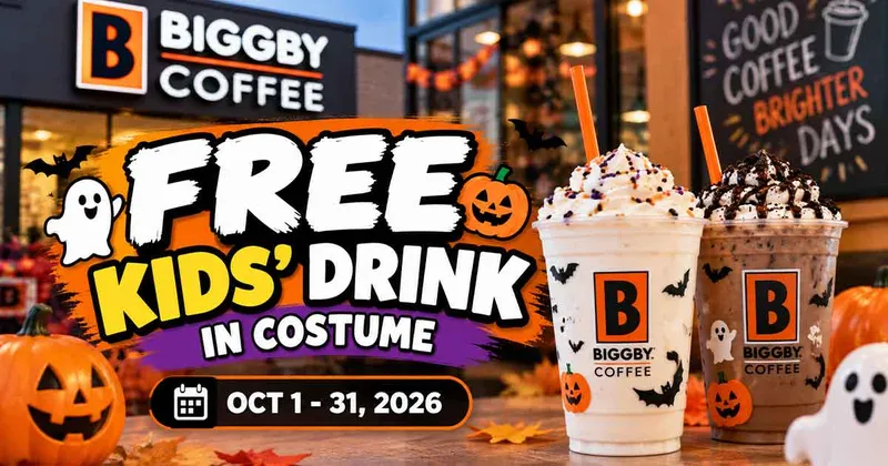 BIGGBY COFFEE Free Kids' Drink in Costume: Halloween 2026 (Oct 1-31)