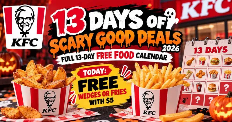 KFC 13 Days of Scary Good Deals 2026: Full 13-Day Free Food Calendar (Today: Free Wedges or Fries with $5)