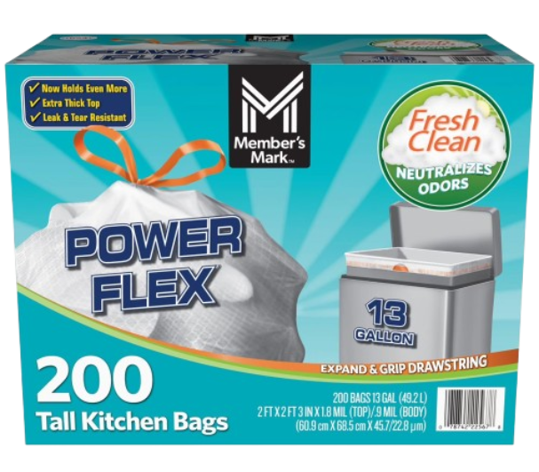 14.Member's Mark Power Flex 13-Gallon Tall Kitchen Trash Bags, Fresh Scent, 200 ct..png