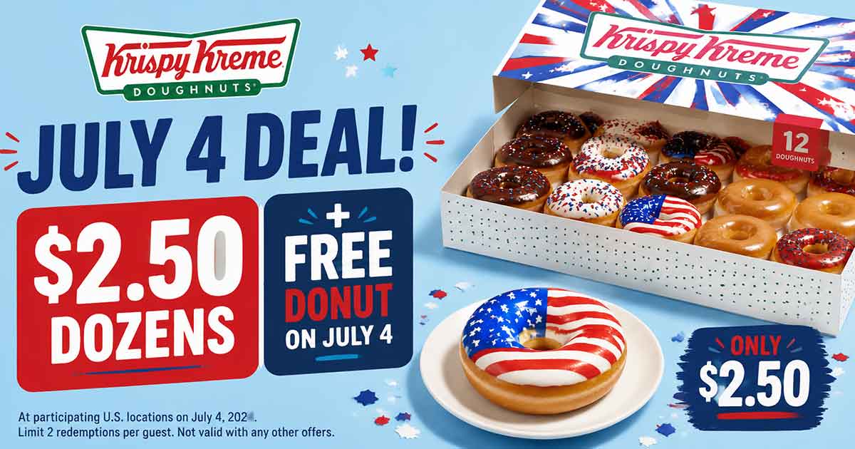 Krispy Kreme July 4 Deal: $2.50 Dozens + Free Donut on July 4 🇺🇸