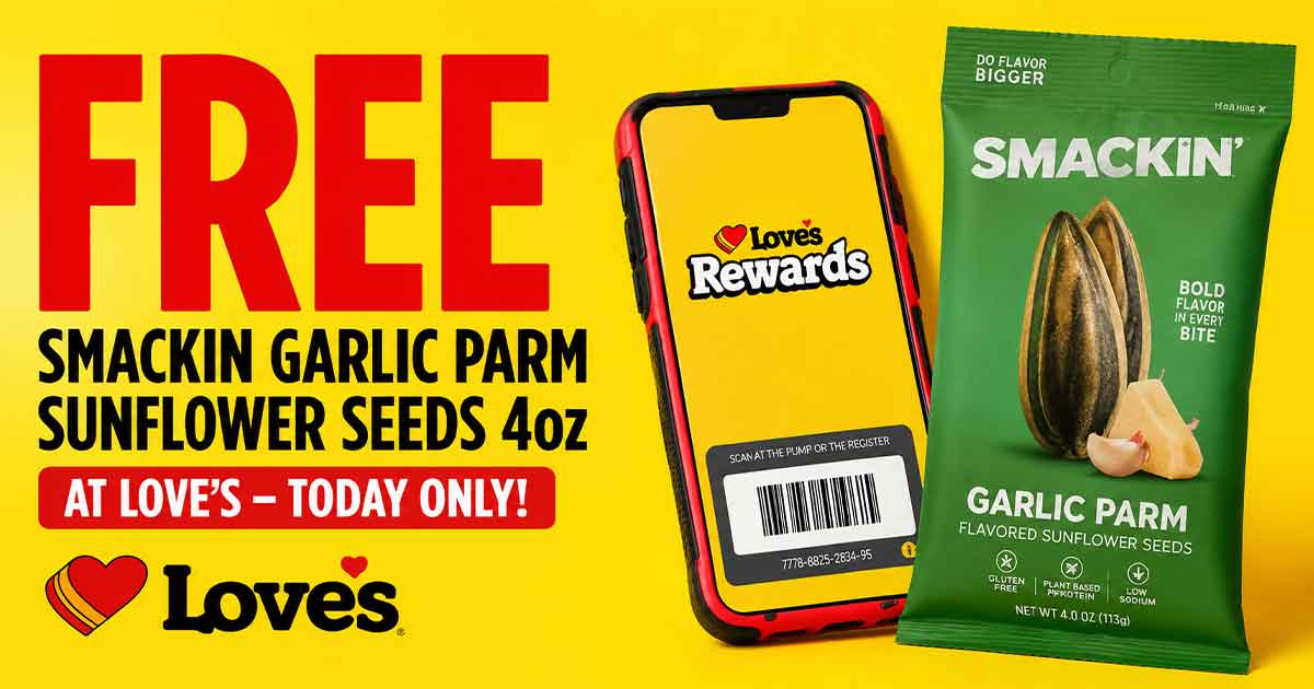 Free Smackin Garlic Parm Sunflower Seeds 4oz at Love’s – Today Only!