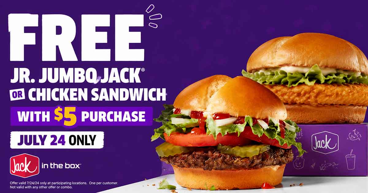 FREE Jr. Jumbo Jack or Chicken Sandwich w/$5 Purchase at Jack in the Box (7/24)