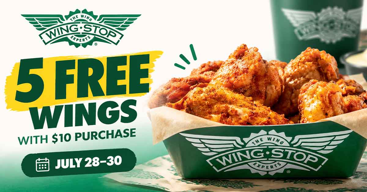 5 FREE Wings w/$10 Purchase at Wingstop (7/28–7/30)